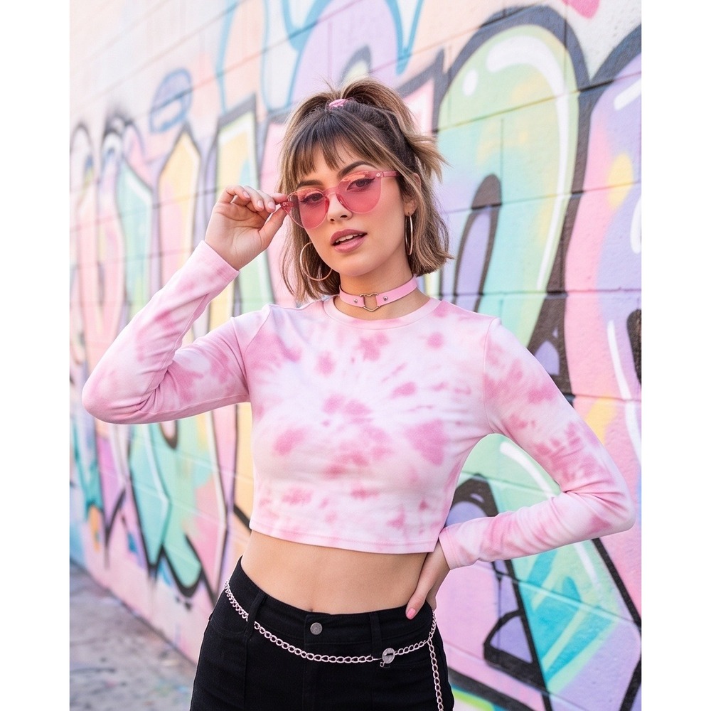 PINK Victoria's Secret XXL Pink Tie Dye‎ Long Sleeve Crop Top Barbiecore Y2K